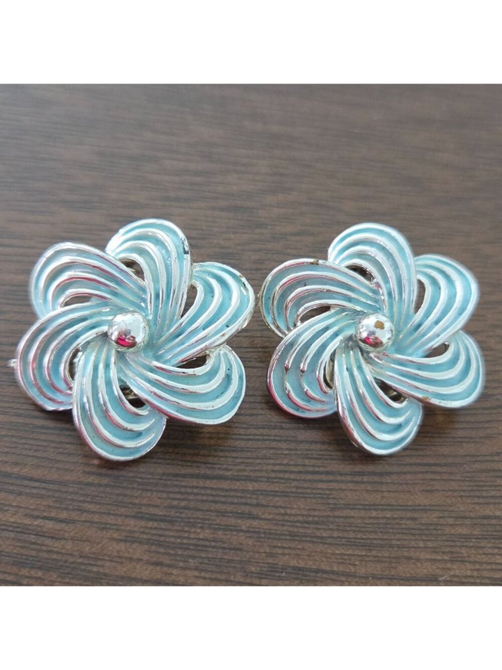 Vintage Silver Tone & Blue Enamel  Flower Clip On Earrings